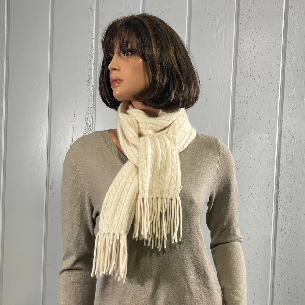 *Casual Corner Women's Cream Cable Knit Scarf with Fringes